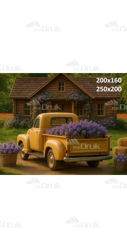 Tło fotograficzne „Żółty pickup przy drewnianej chacie” | E_737